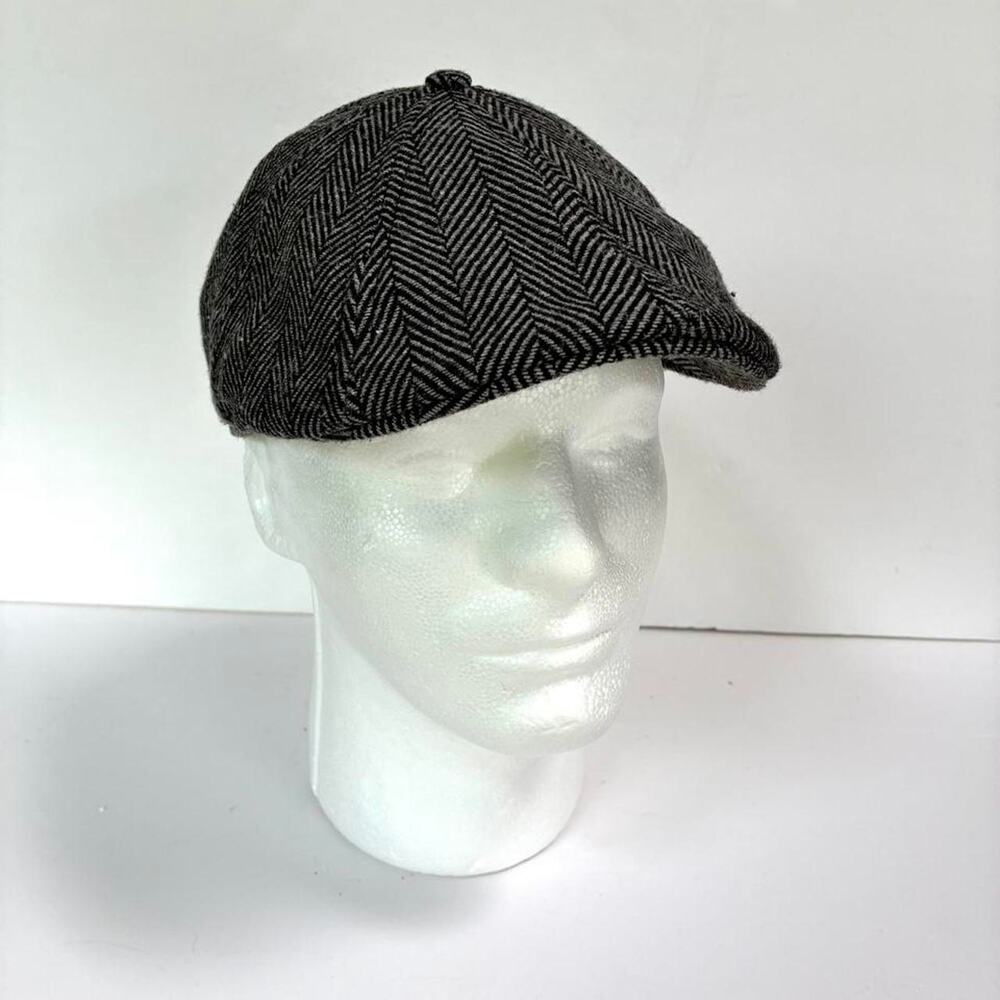 Vintage 90s Boston Scally Company Black & Gray Herringbone Wool Peaky Hat Cap